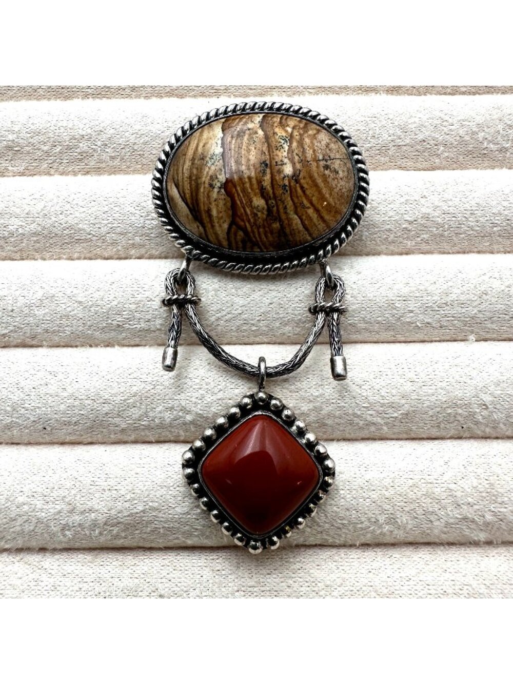 Suarti Coral & Picture Jasper Sterling Silver Pin Pendant 2.5 Inch Indonesian